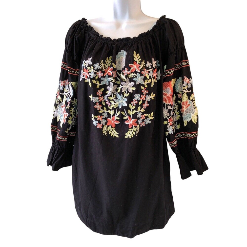 Free People Mini Dress Womens Small Black Fleur Du Jour Embroidered Off Shoulder